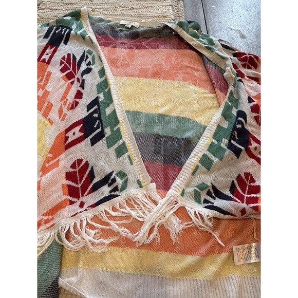 Umgee White Multi Rainbow Color Open Front Cardigan Sz M Fringe Southwest Aztec - Picture 4 of 9